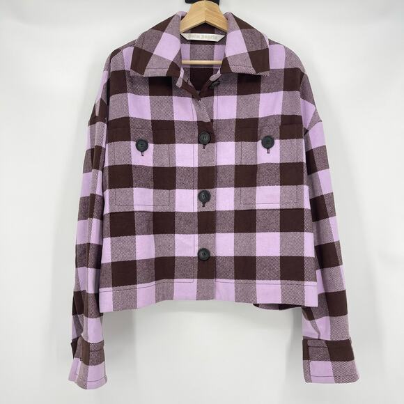 Palm Angels | Purple Brown Buffalo Check Plaid Logo Flannel Shirt Jacket 40 US L - Picture 4 of 16